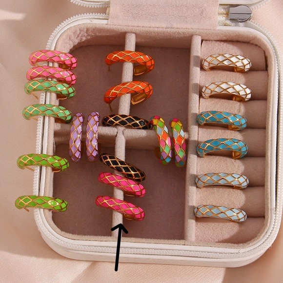 Hot Pink Enamel Geometric Pattern Hoop Earrings 18K Gold Plated Stainless Steel - Picture 3 of 7